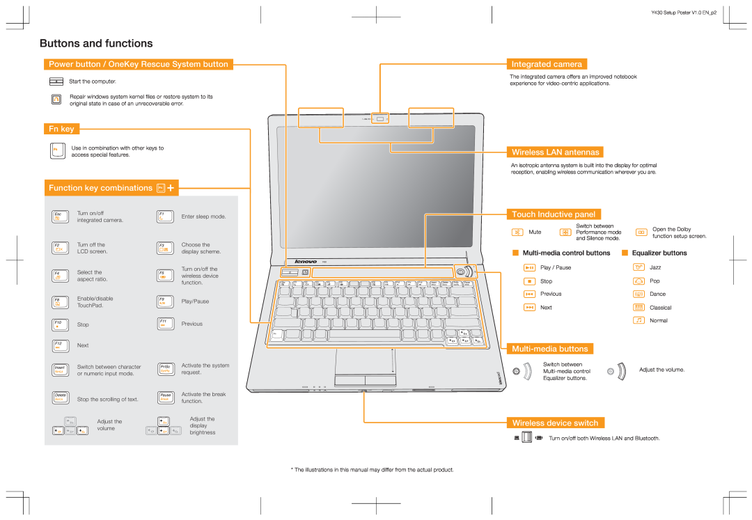 Lenovo Y430 manual Buttons and functions, Power button / OneKey Rescue System button, Fn key, Function key combinations 