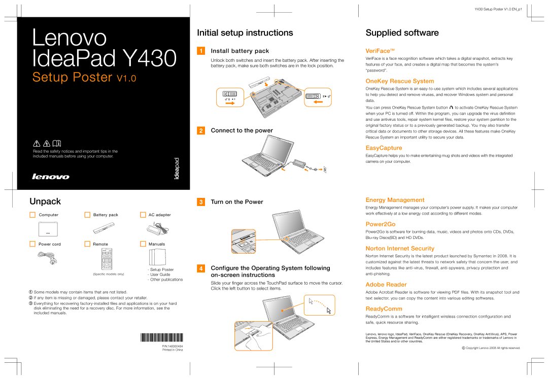 Lenovo Y430 manual Initial setup instructions, Supplied software, Unpack 