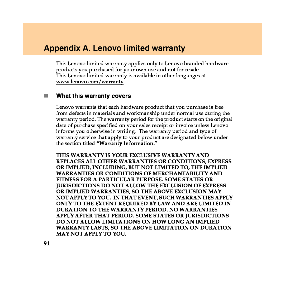 Lenovo Y450 manual Appendix A. Lenovo limited warranty, „What this warranty covers 