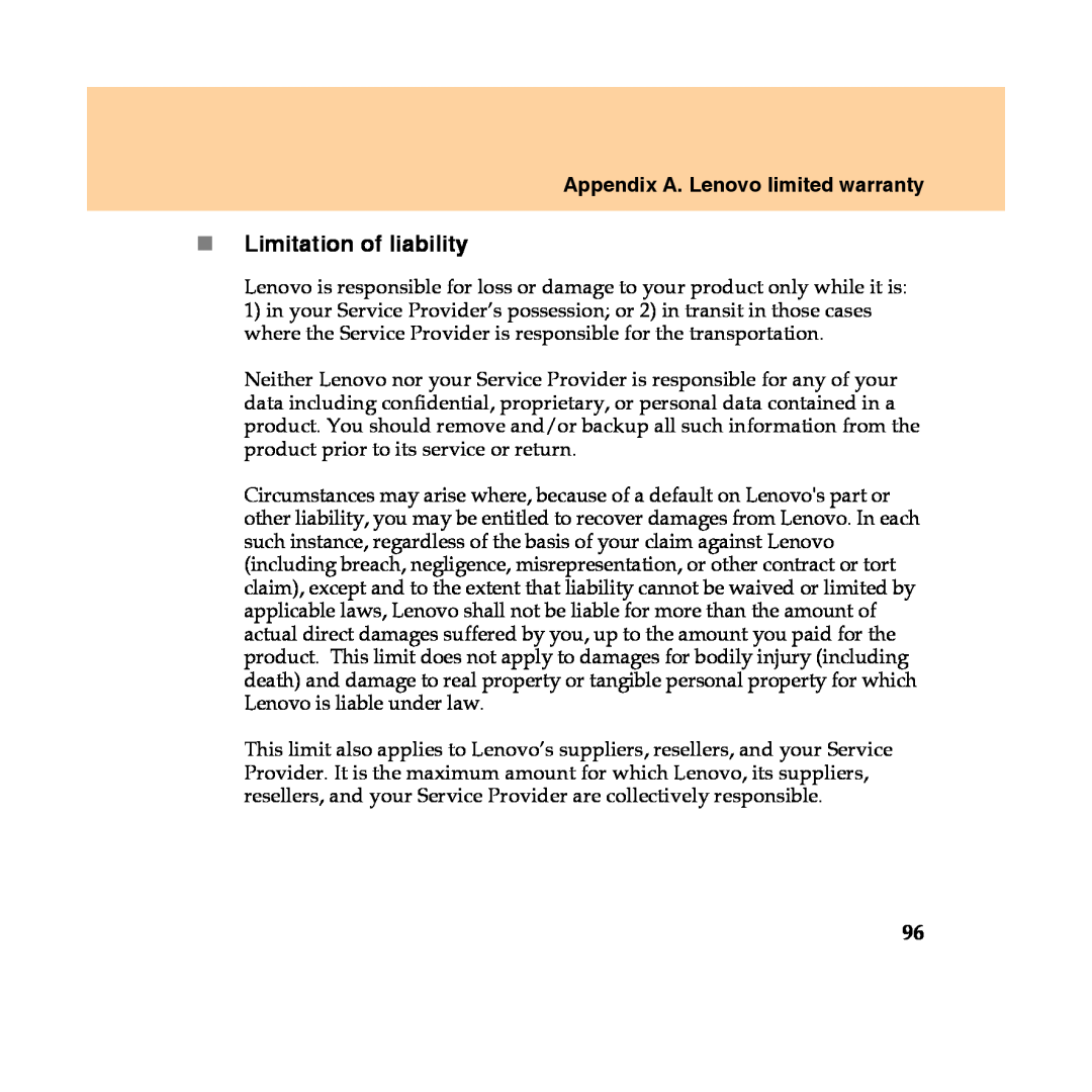 Lenovo Y450 manual „Limitation of liability, Appendix A. Lenovo limited warranty 