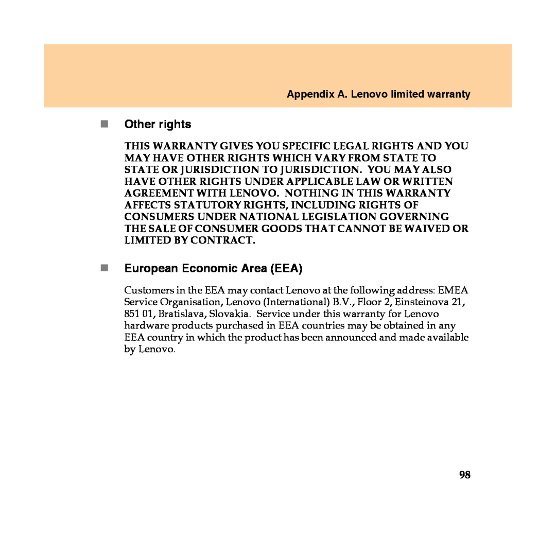Lenovo Y450 manual „Other rights, „European Economic Area EEA, Appendix A. Lenovo limited warranty 