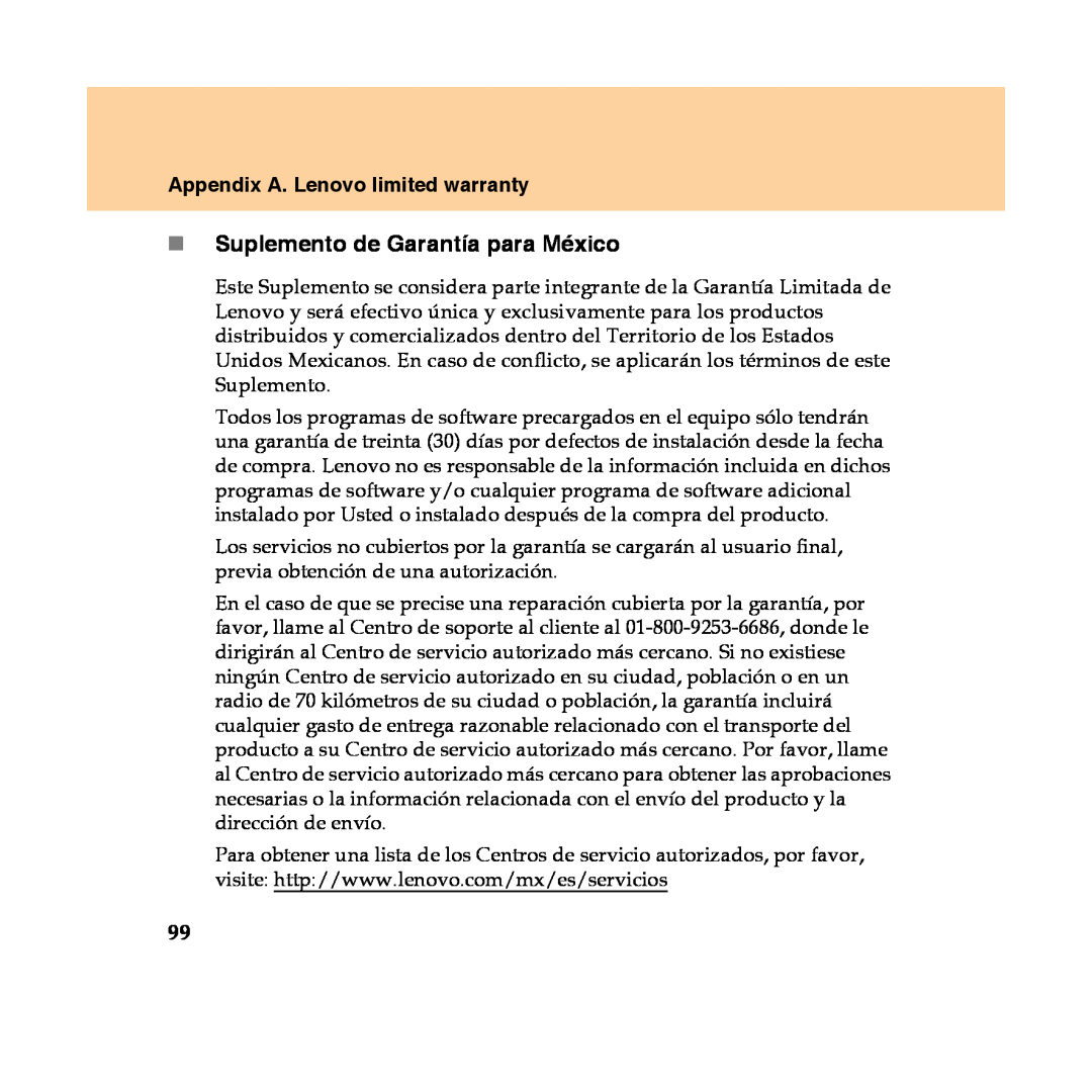 Lenovo Y450 manual „Suplemento de Garantía para México, Appendix A. Lenovo limited warranty 