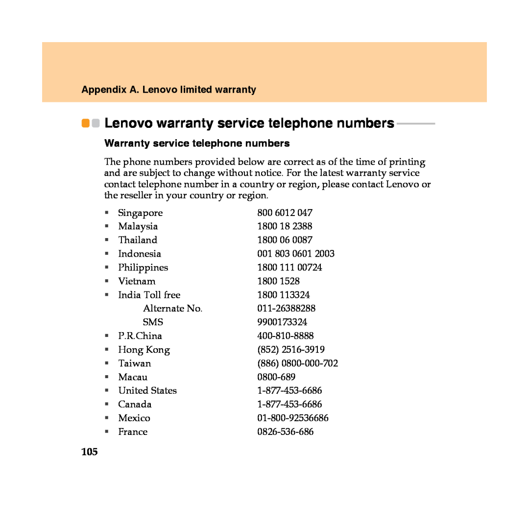 Lenovo Y450 manual Lenovo warranty service telephone numbers, Appendix A. Lenovo limited warranty 