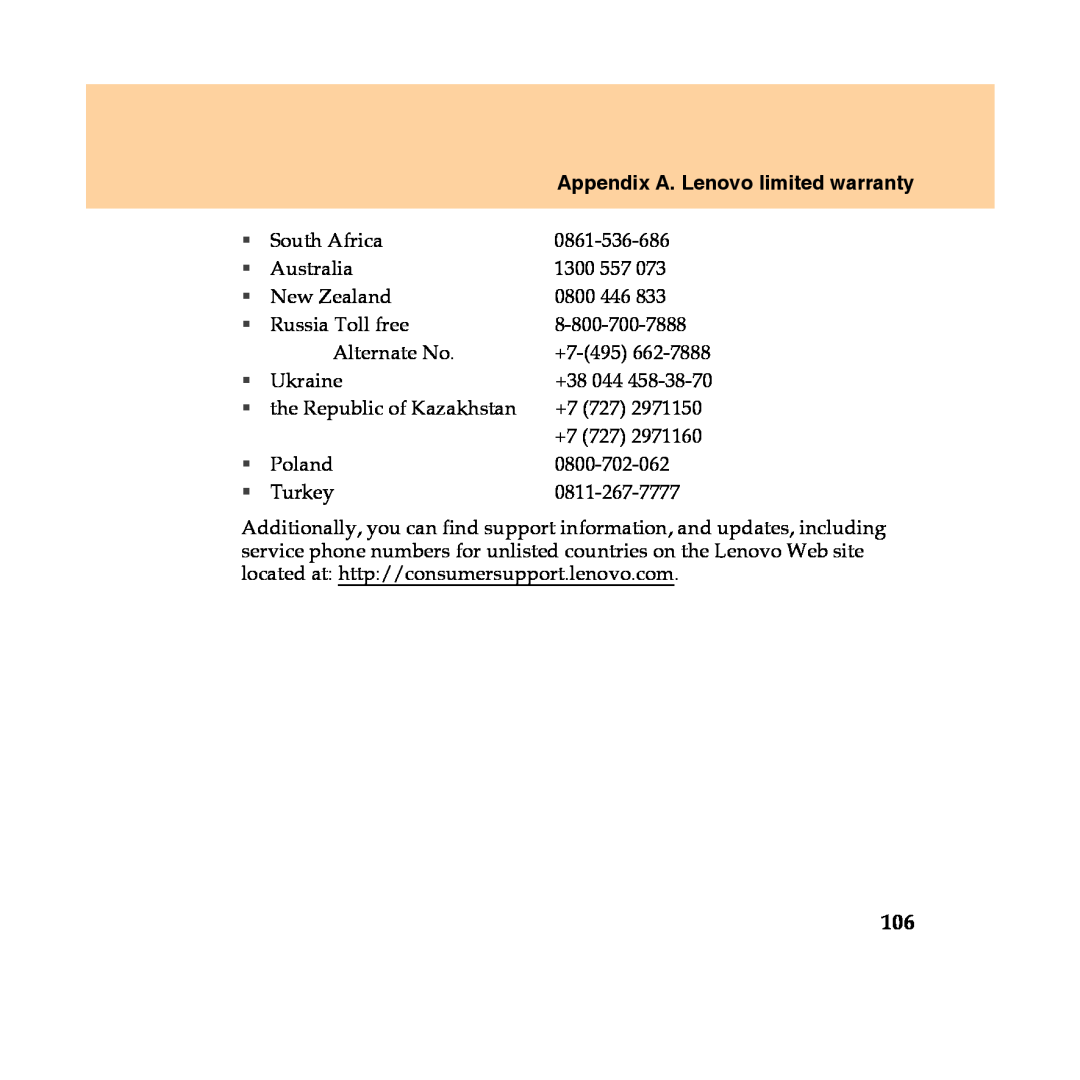 Lenovo Y450 manual Appendix A. Lenovo limited warranty, South Africa 