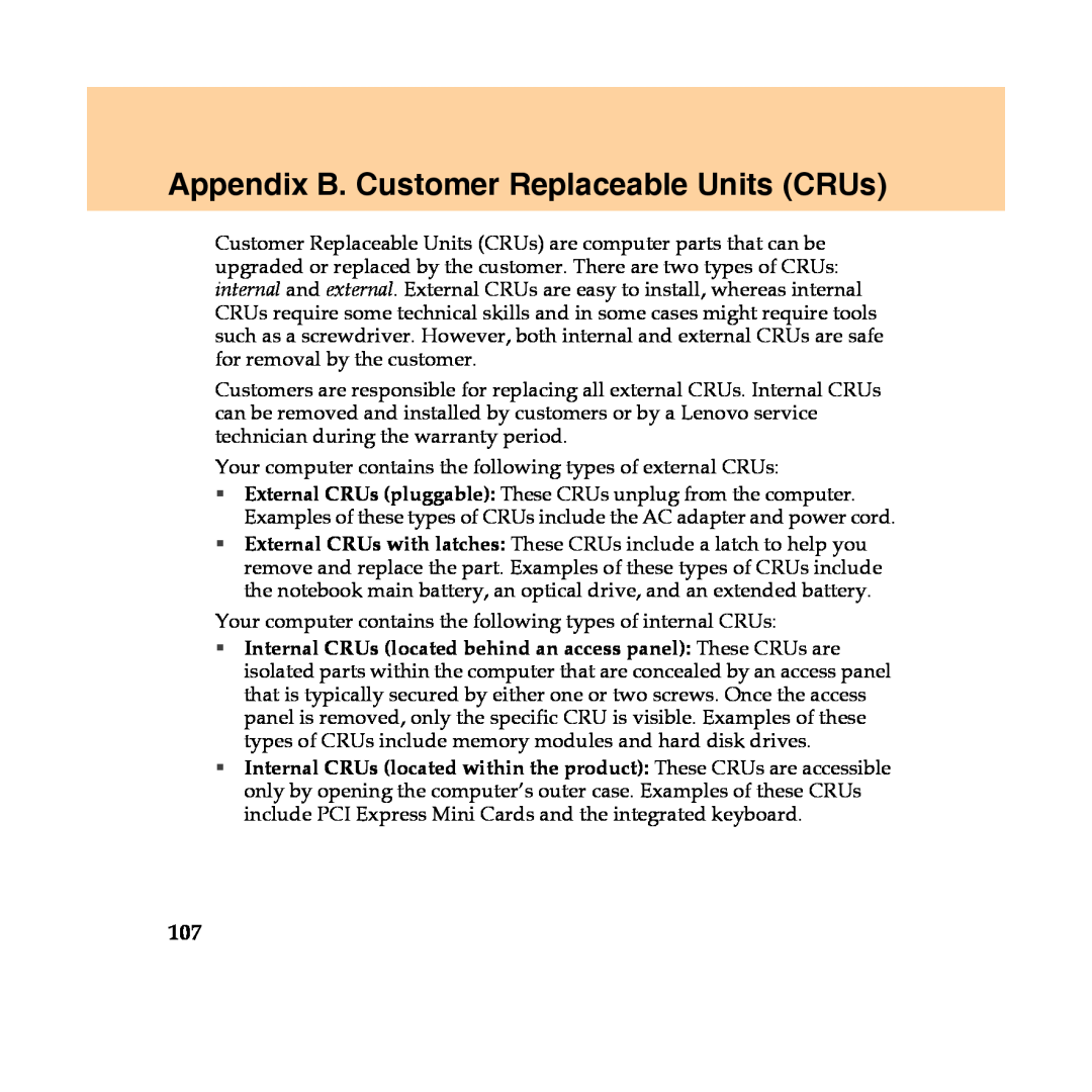 Lenovo Y450 manual Appendix B. Customer Replaceable Units CRUs 