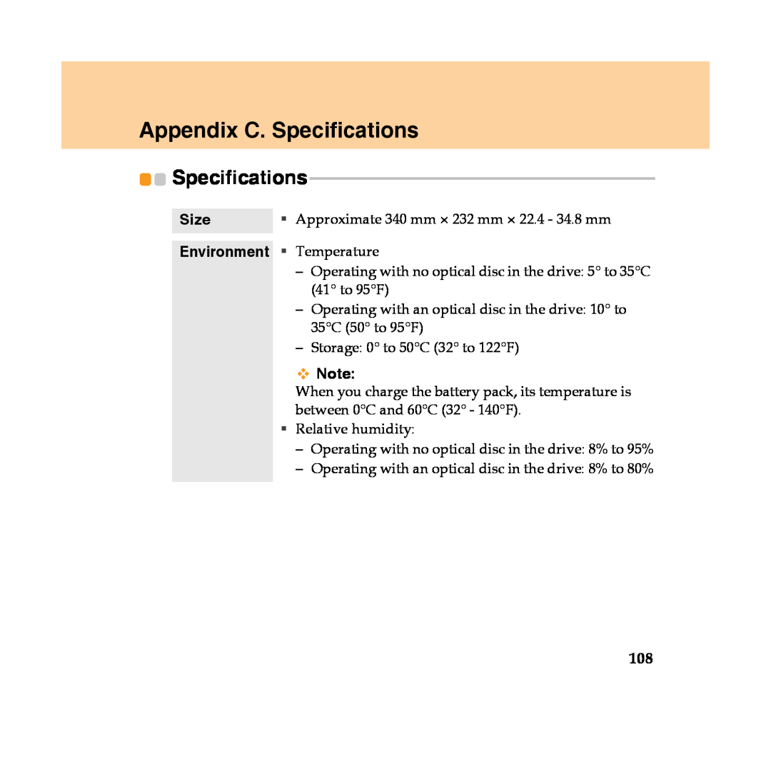 Lenovo Y450 manual Appendix C. Specifications, Size, Environment ƒ Temperature 