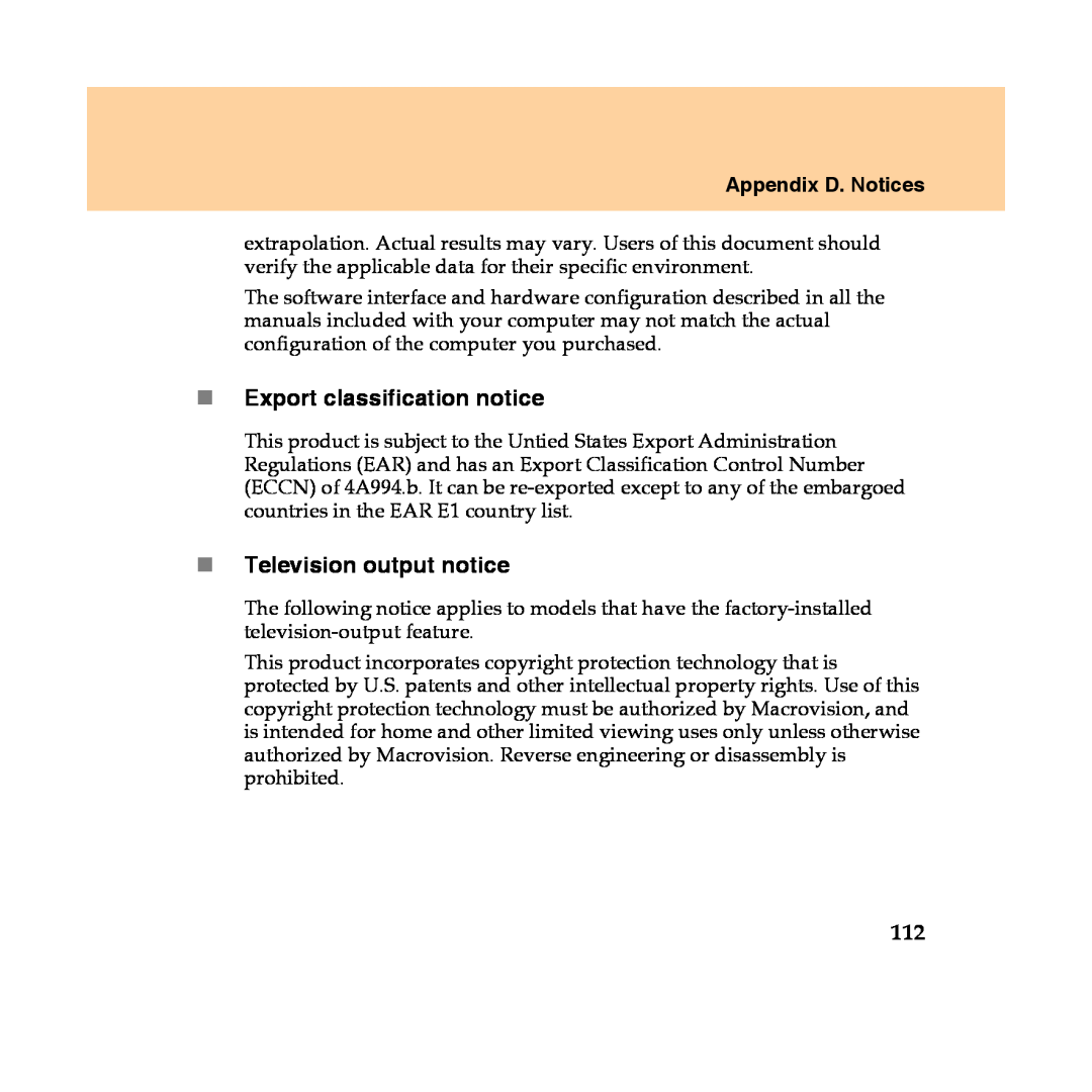 Lenovo Y450 manual „Export classification notice, „Television output notice, Appendix D. Notices 