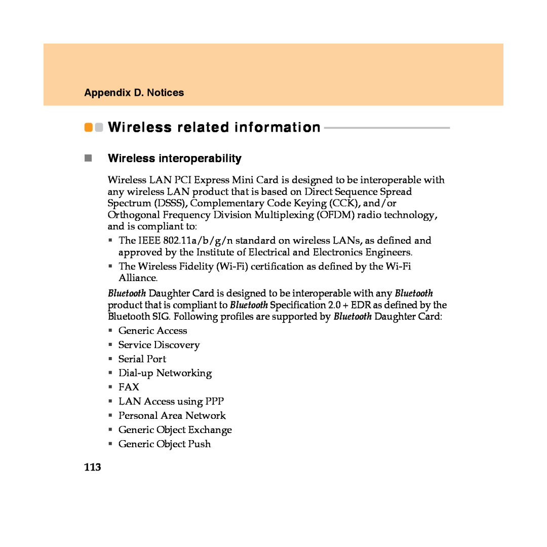 Lenovo Y450 manual Wireless related information, „Wireless interoperability, Appendix D. Notices 