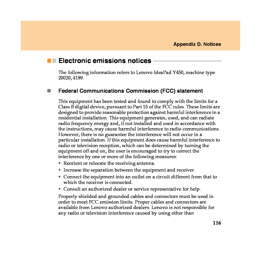 Lenovo Y450 manual Electronic emissions notices, „Federal Communications Commission FCC statement, Appendix D. Notices 