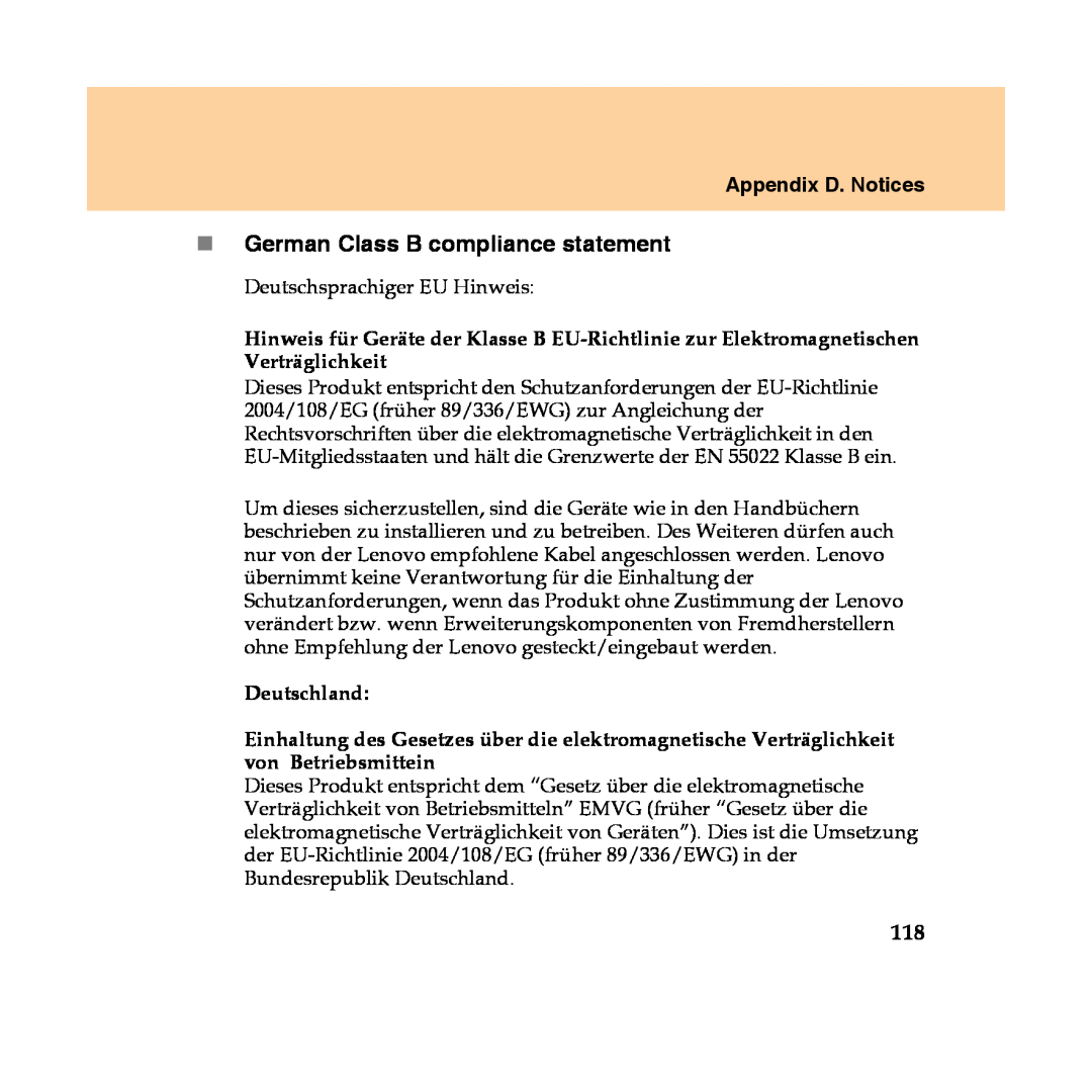 Lenovo Y450 manual „German Class B compliance statement, Appendix D. Notices 