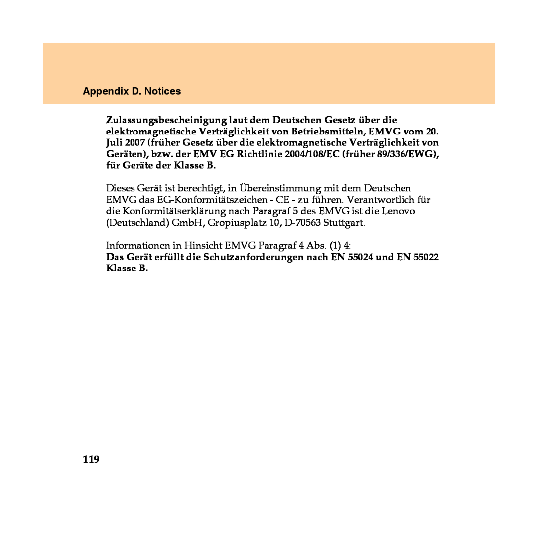 Lenovo Y450 manual Appendix D. Notices, Informationen in Hinsicht EMVG Paragraf 4 Abs. 1 