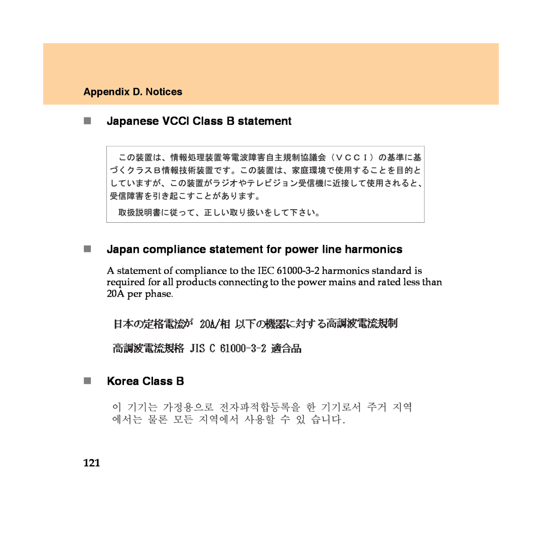 Lenovo Y450 manual „Japanese VCCI Class B statement, „Korea Class B, Appendix D. Notices 