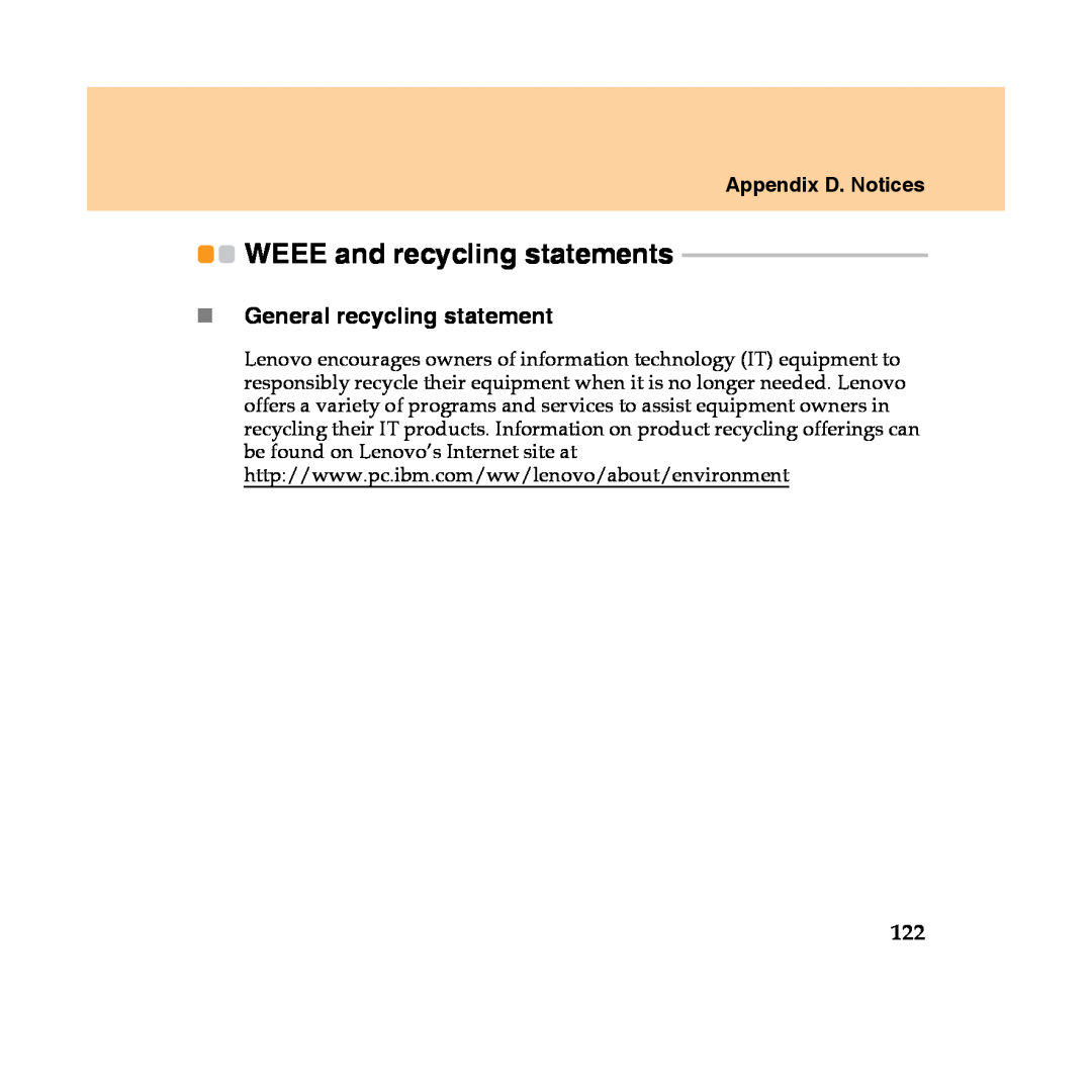 Lenovo Y450 manual WEEE and recycling statements, „General recycling statement, Appendix D. Notices 