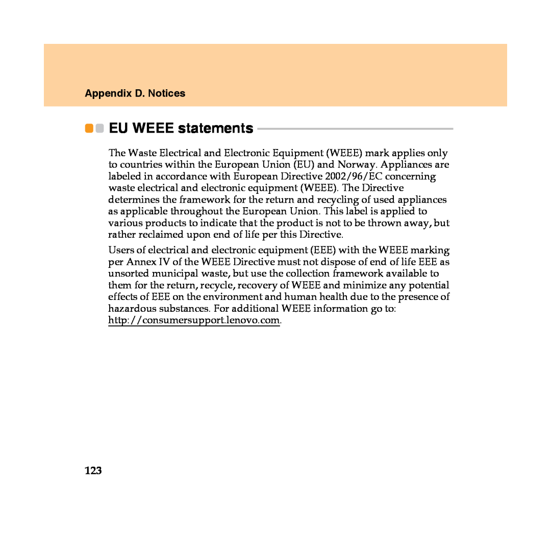 Lenovo Y450 manual EU WEEE statements, Appendix D. Notices 