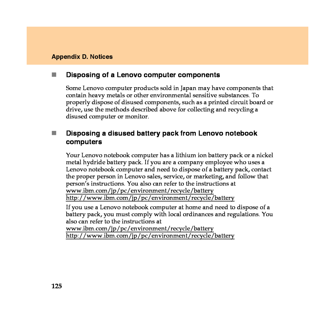 Lenovo Y450 manual „Disposing of a Lenovo computer components, Appendix D. Notices 