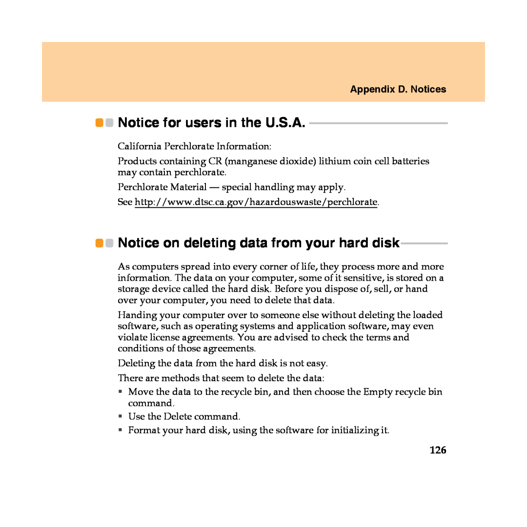 Lenovo Y450 manual Notice on deleting data from your hard disk, Notice for users in the U.S.A, Appendix D. Notices 