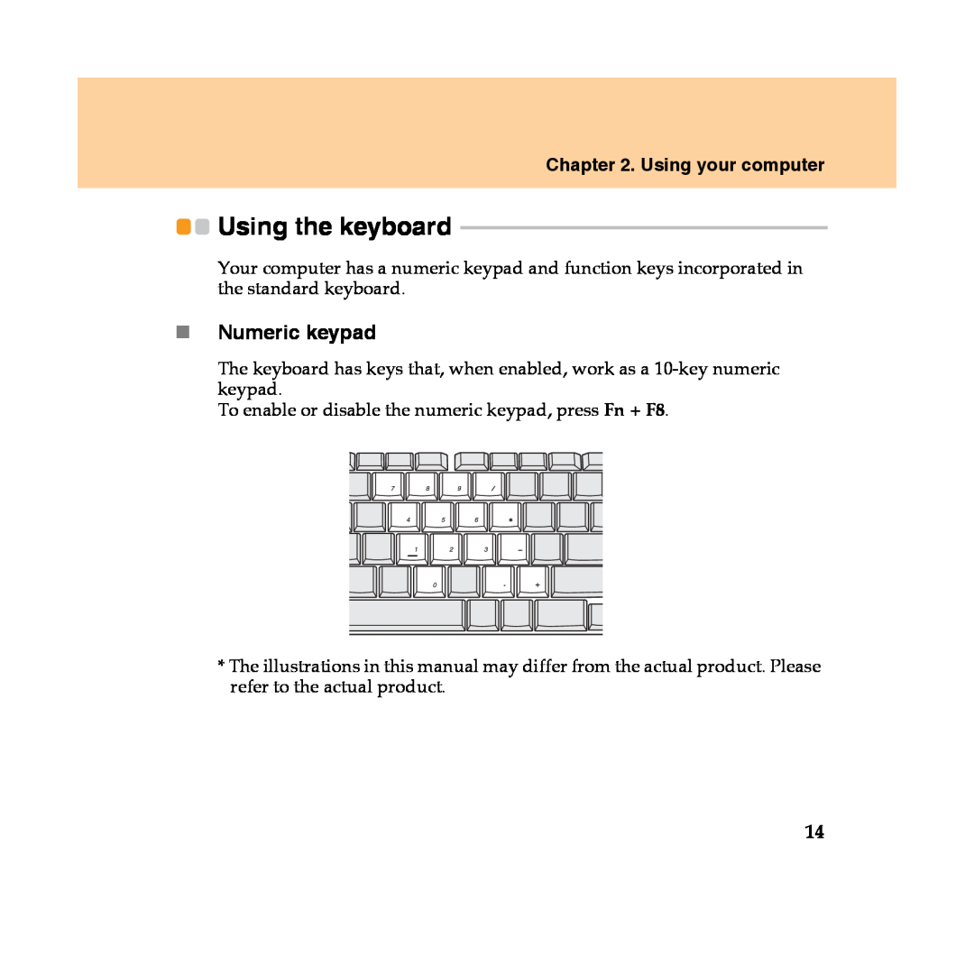 Lenovo Y450 manual Using the keyboard, „Numeric keypad, Using your computer 