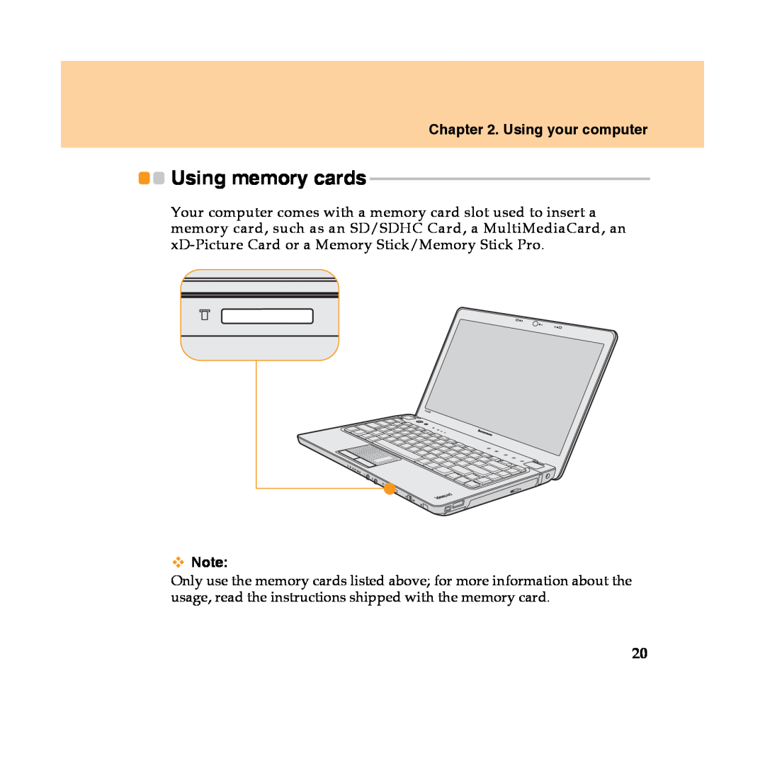 Lenovo Y450 manual Using memory cards, Using your computer 