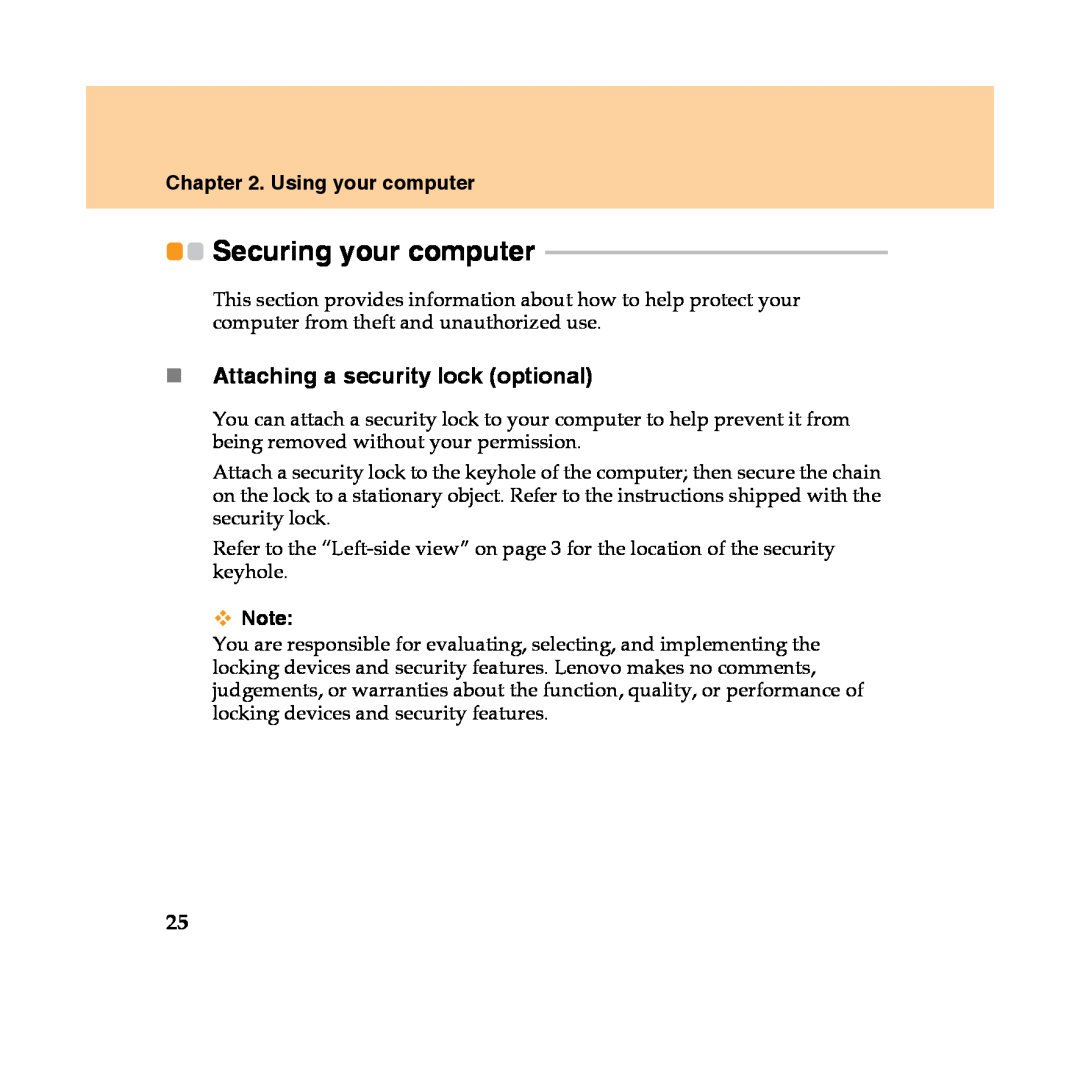 Lenovo Y450 manual Securing your computer, „Attaching a security lock optional, Using your computer 