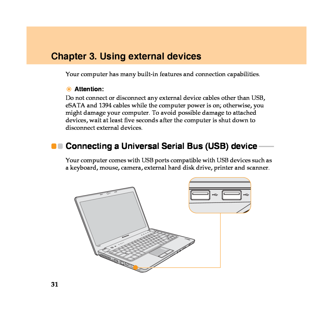 Lenovo Y450 manual Using external devices, Connecting a Universal Serial Bus USB device 