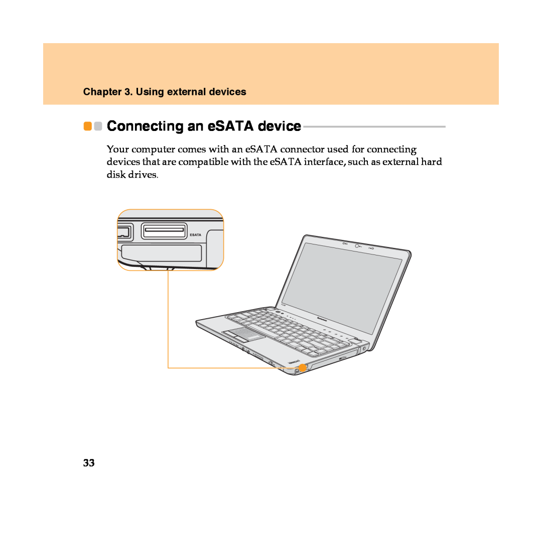 Lenovo Y450 manual Connecting an eSATA device, Using external devices 