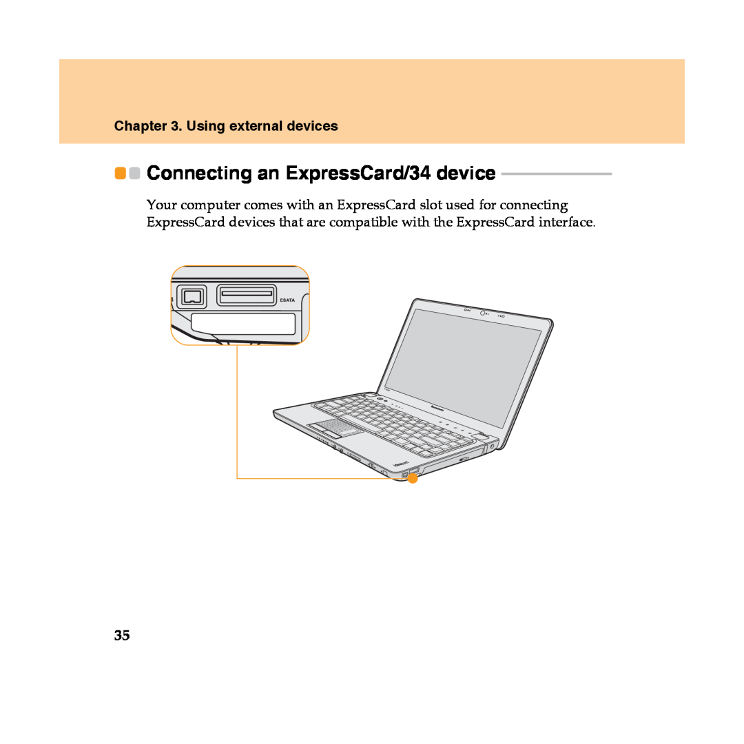 Lenovo Y450 manual Connecting an ExpressCard/34 device, Using external devices 