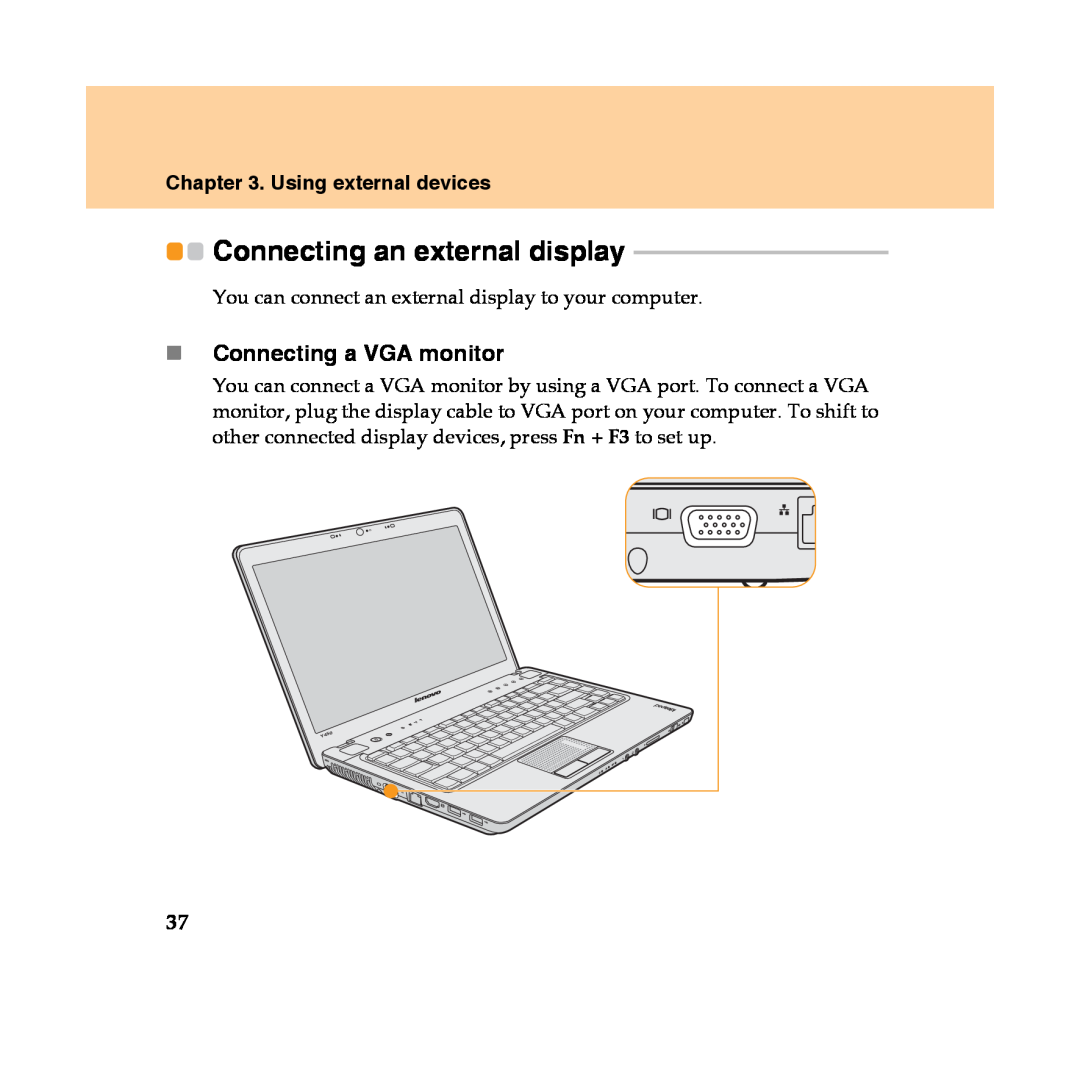 Lenovo Y450 manual Connecting an external display, „Connecting a VGA monitor, Using external devices 
