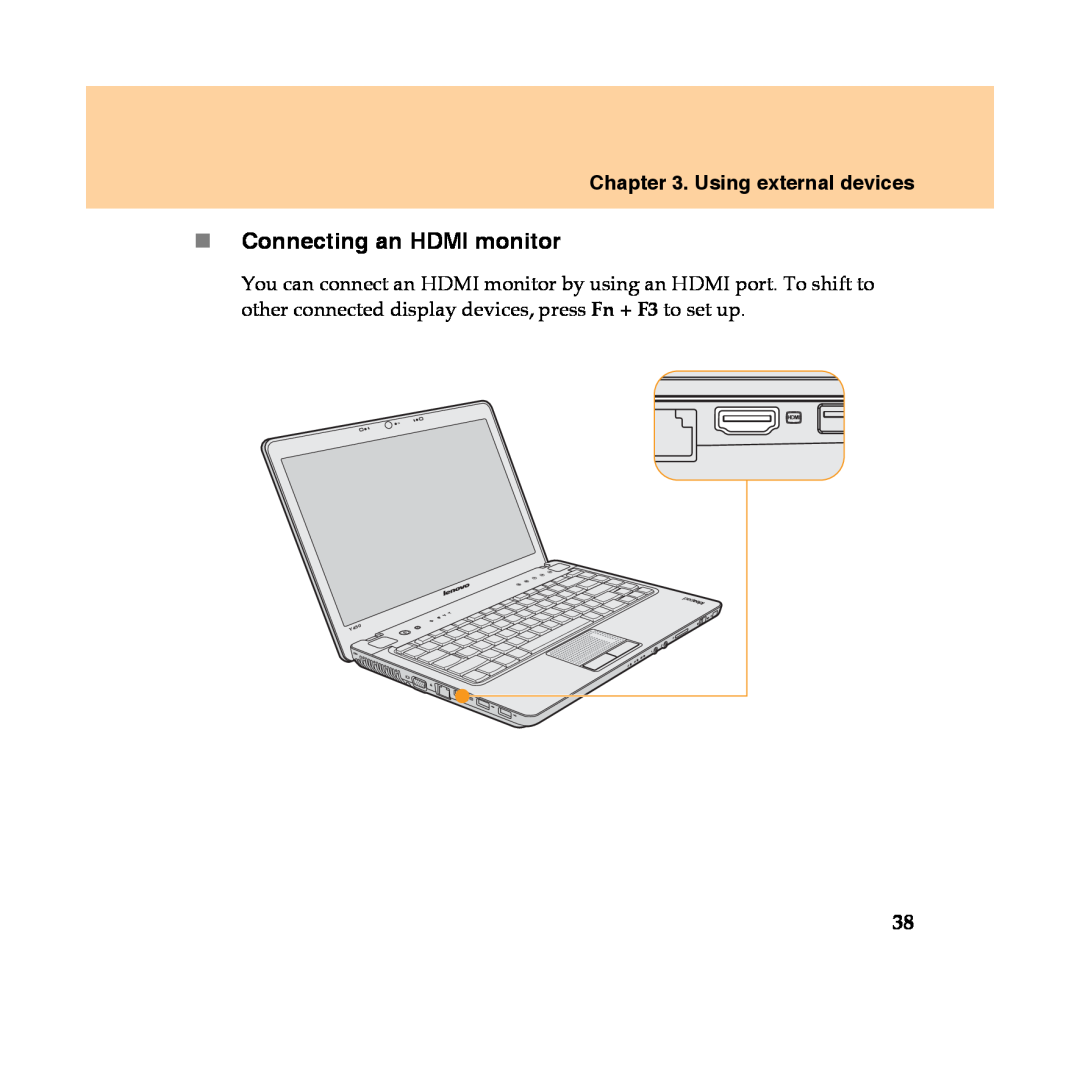 Lenovo Y450 manual „Connecting an HDMI monitor, Using external devices 