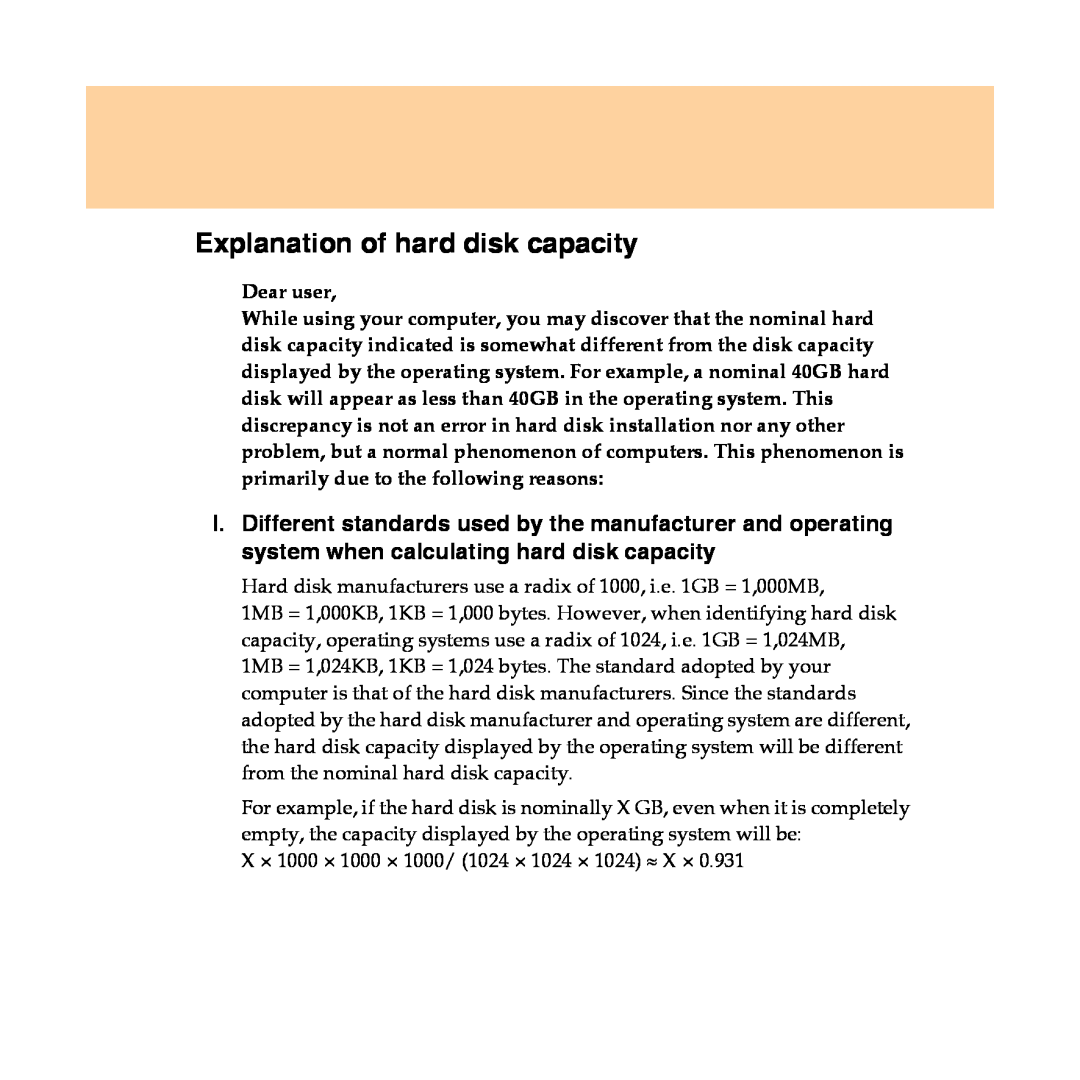 Lenovo Y450 manual Explanation of hard disk capacity 