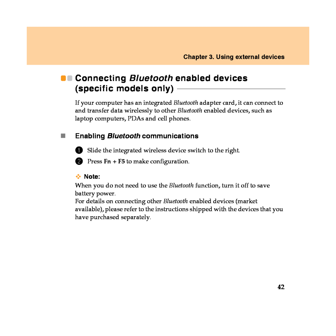 Lenovo Y450 manual „Enabling Bluetooth communications, Using external devices 