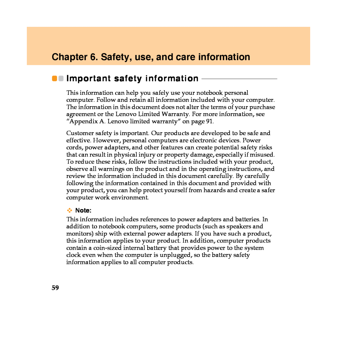 Lenovo Y450 manual Safety, use, and care information, Important safety information 