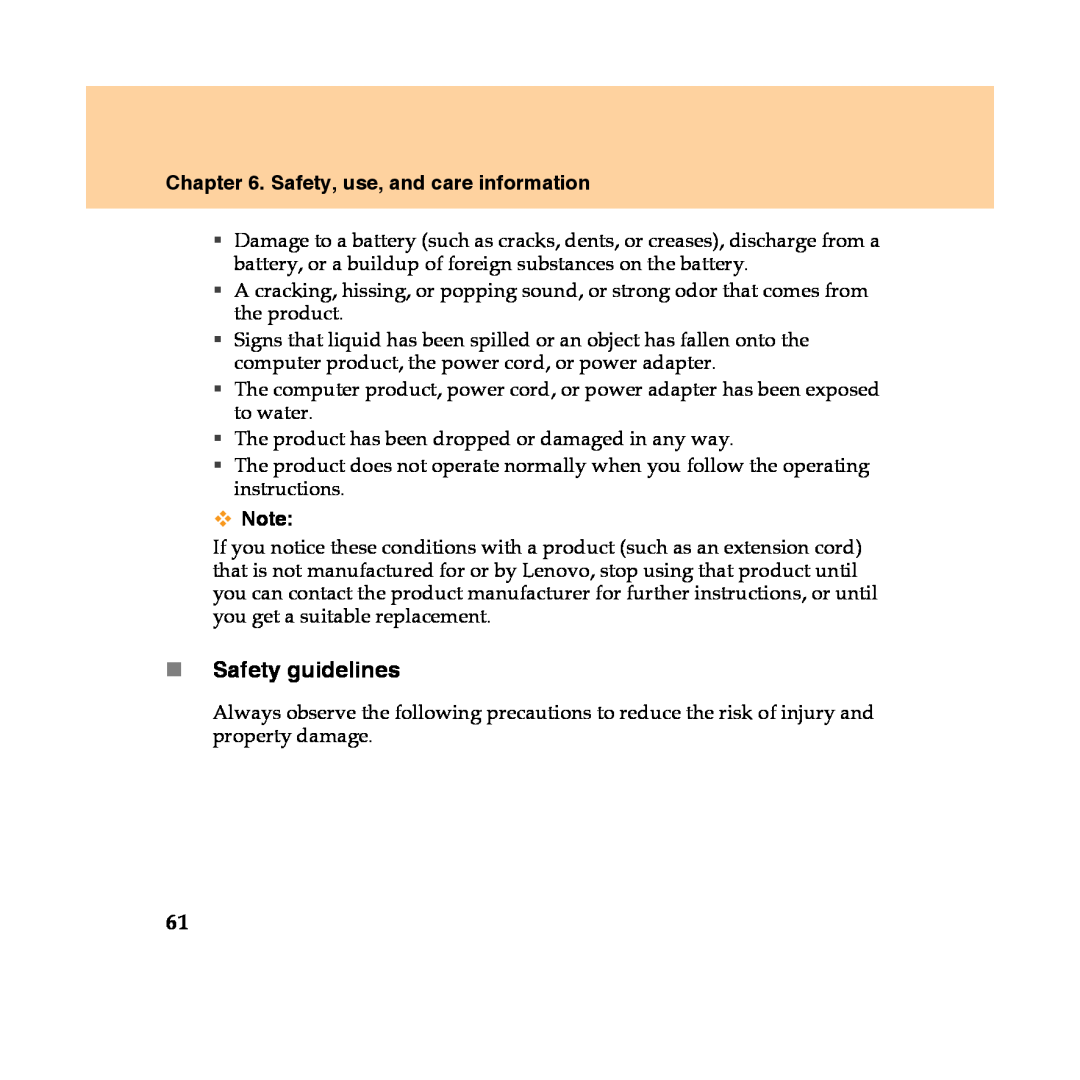 Lenovo Y450 manual „Safety guidelines, Safety, use, and care information 
