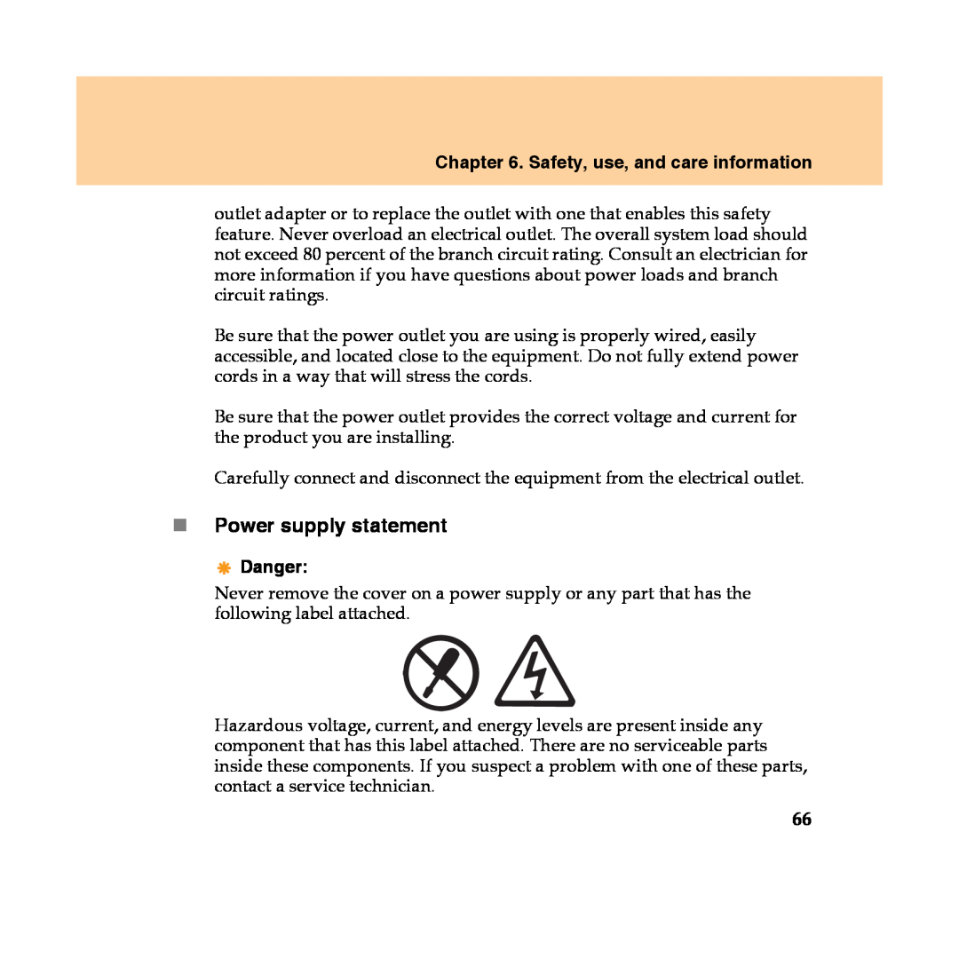 Lenovo Y450 manual „Power supply statement, Safety, use, and care information, Danger 