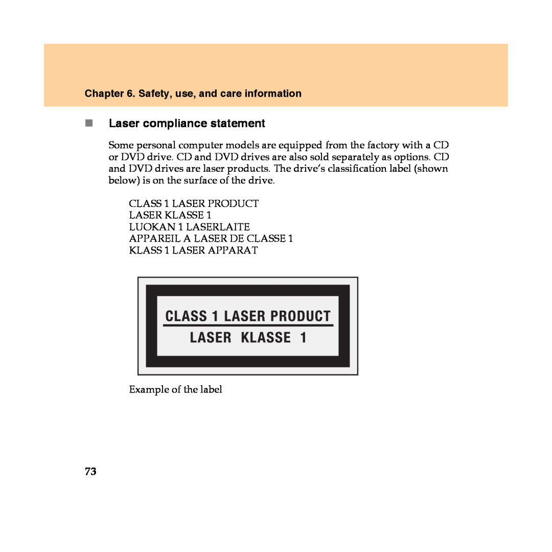 Lenovo Y450 manual „Laser compliance statement, Safety, use, and care information 