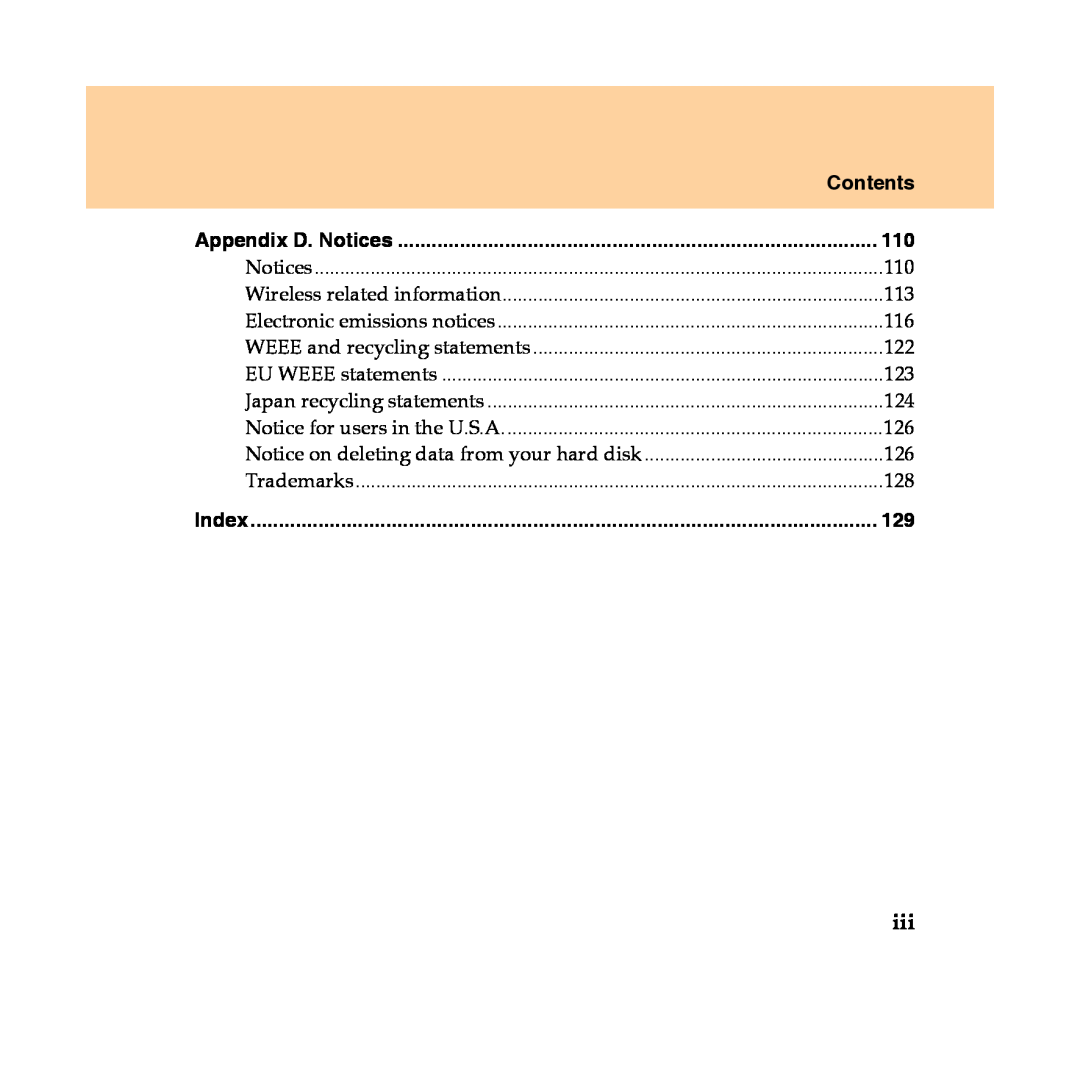 Lenovo Y450 manual Contents, Appendix D. Notices, Index 
