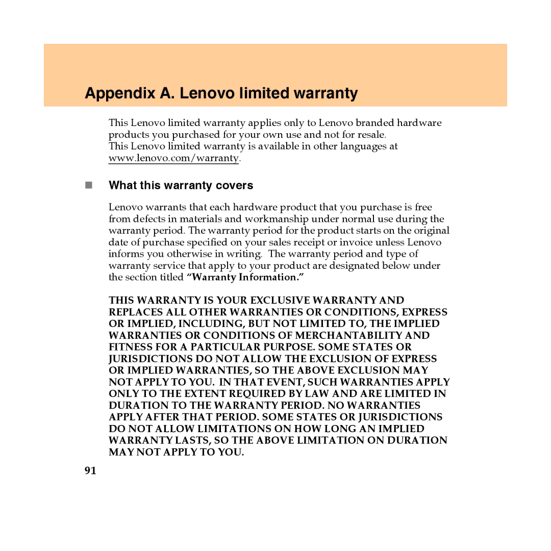 Lenovo Y450 manual Appendix A. Lenovo limited warranty, „ What this warranty covers 