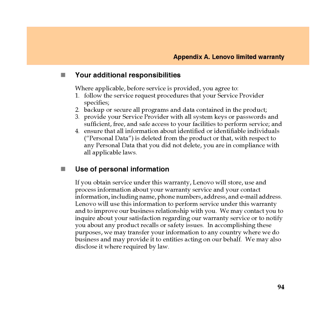 Lenovo Y450 manual „ Your additional responsibilities, „ Use of personal information 