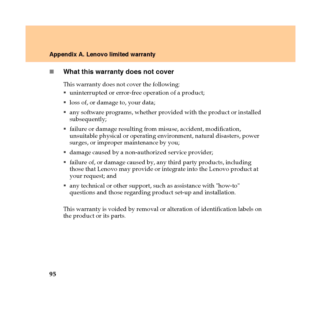 Lenovo Y450 manual „ What this warranty does not cover 