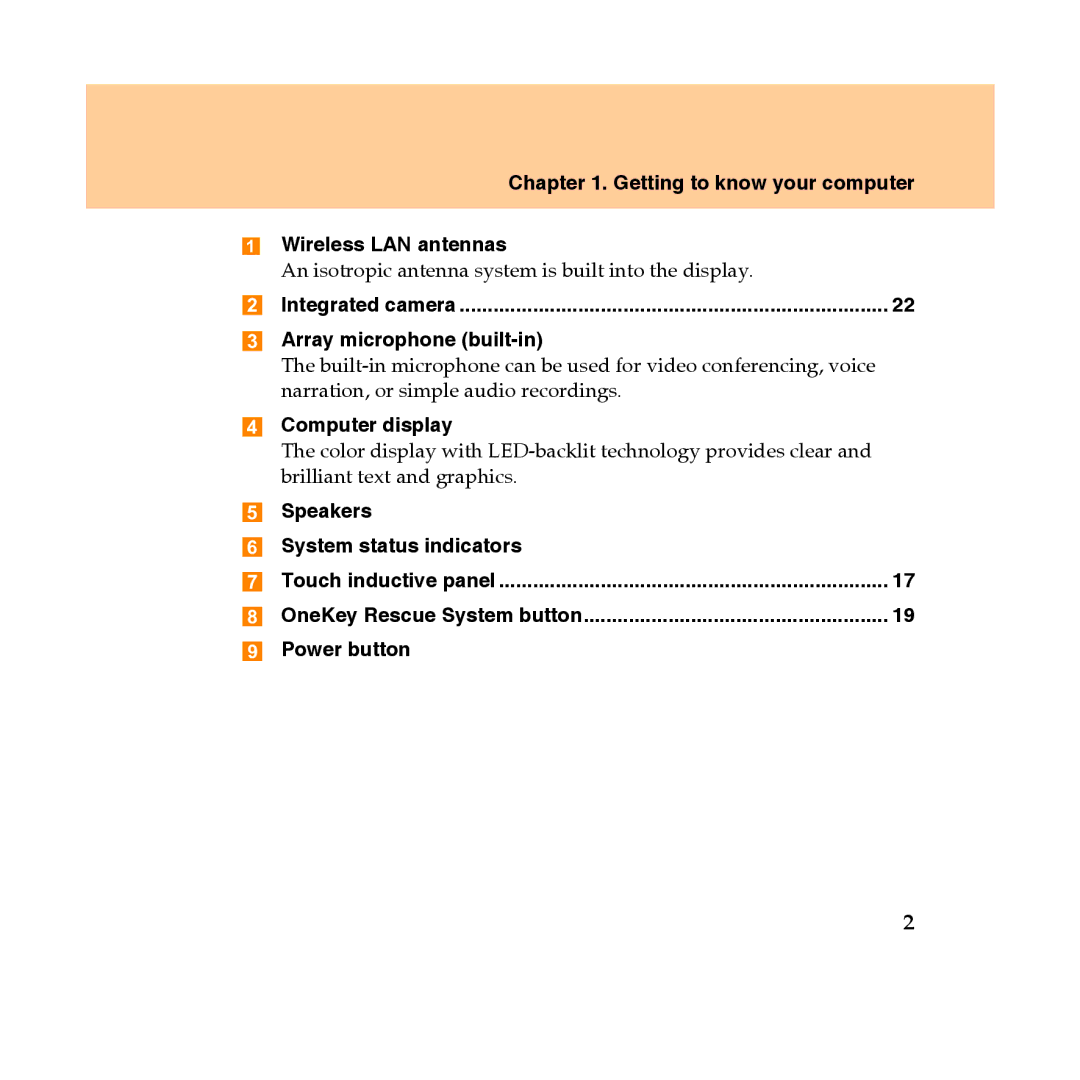 Lenovo Y450 Getting to know your computer Wireless LAN antennas, Array microphone built-in, Computer display, Power button 