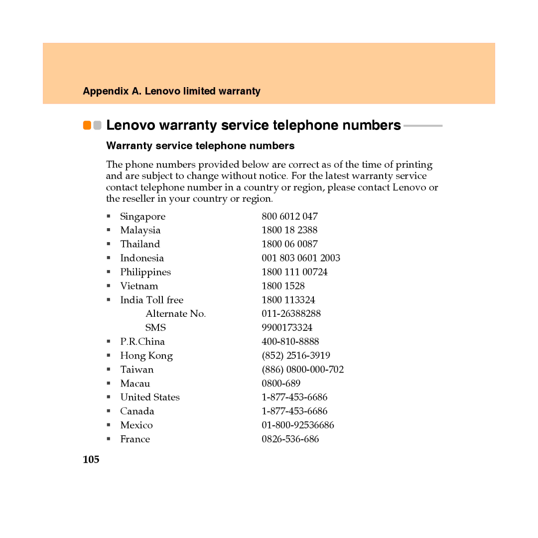 Lenovo Y450 manual 105, Warranty service telephone numbers 