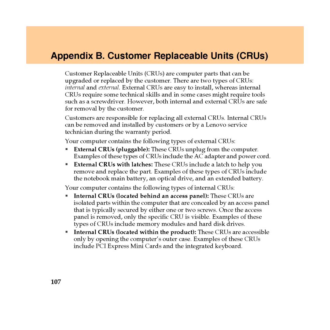 Lenovo Y450 manual Appendix B. Customer Replaceable Units CRUs, 107 