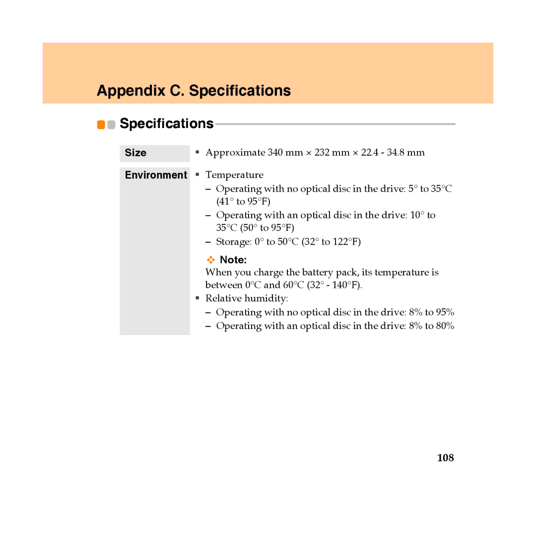 Lenovo Y450 manual Appendix C. Specifications, 108, Environment ƒ Temperature 