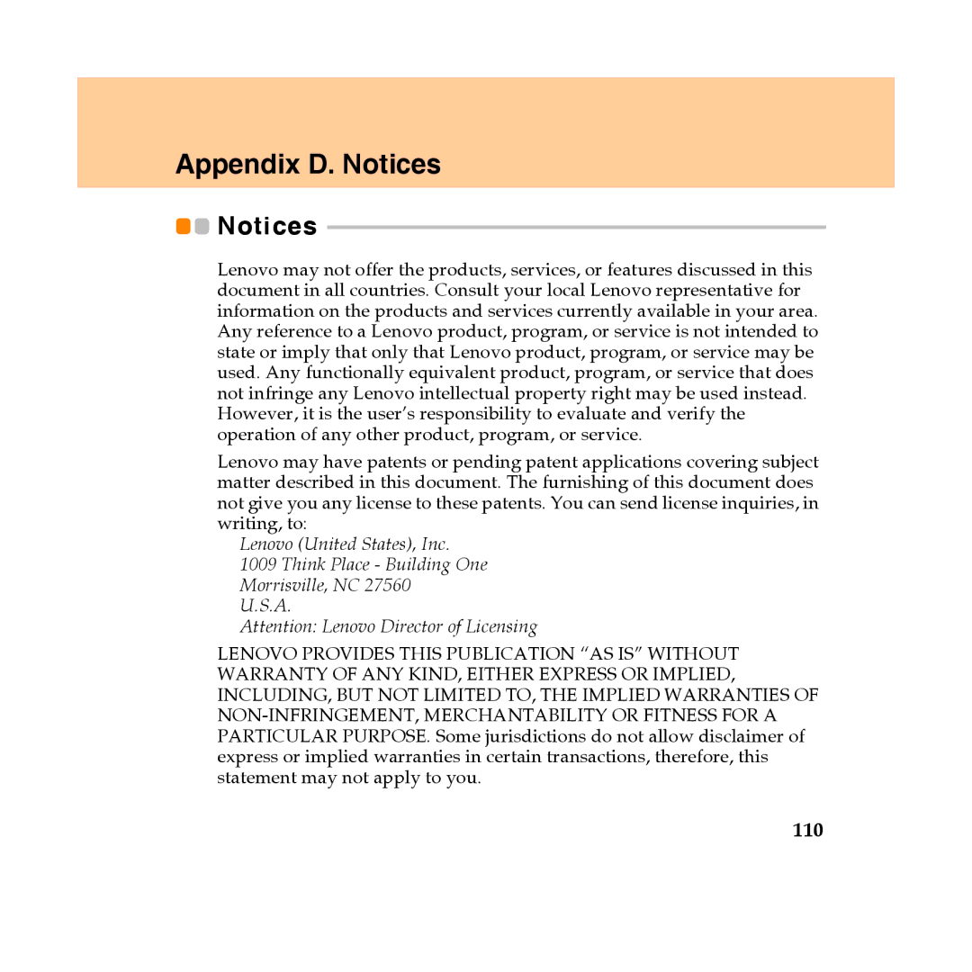 Lenovo Y450 manual Appendix D. Notices, 110 