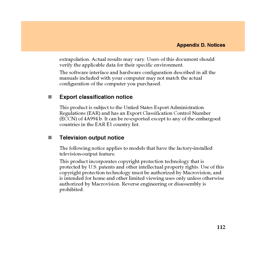 Lenovo Y450 manual „ Export classification notice, „ Television output notice, 112 