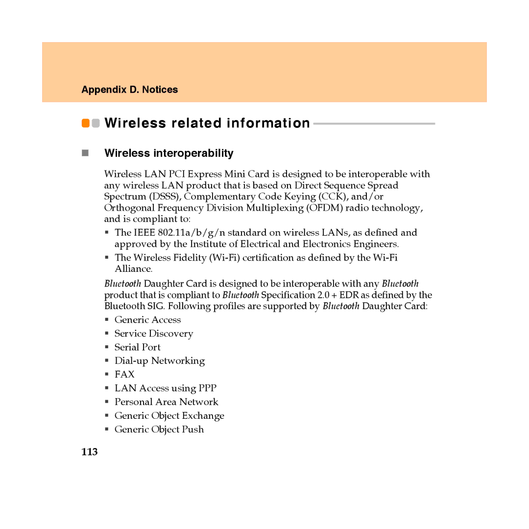 Lenovo Y450 manual „ Wireless interoperability, 113 