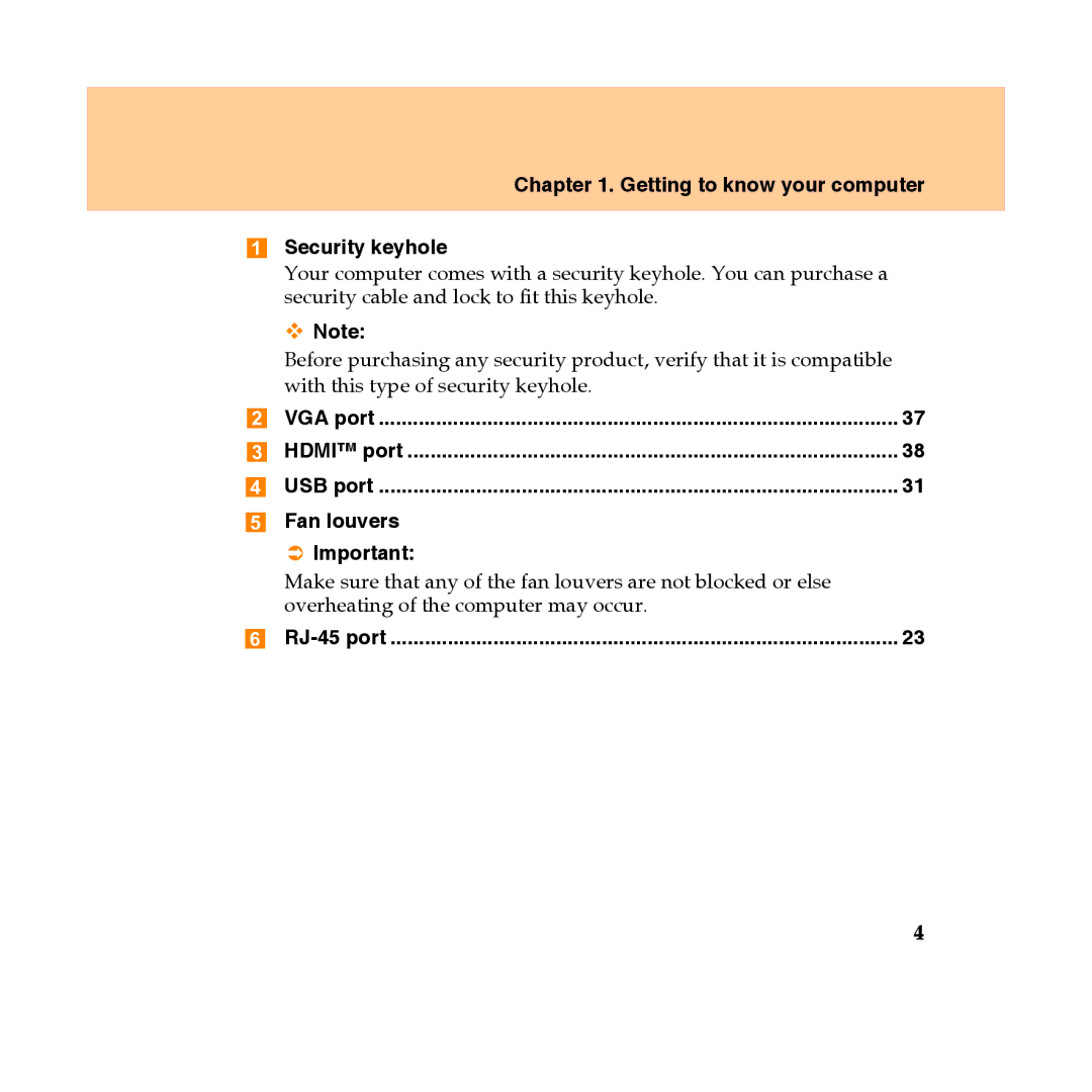 Lenovo Y450 manual Getting to know your computer Security keyhole, Fan louvers 