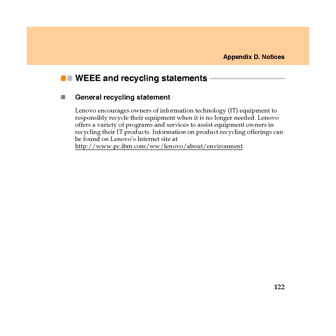 Lenovo Y450 manual Weee and recycling statements, „ General recycling statement, 122 