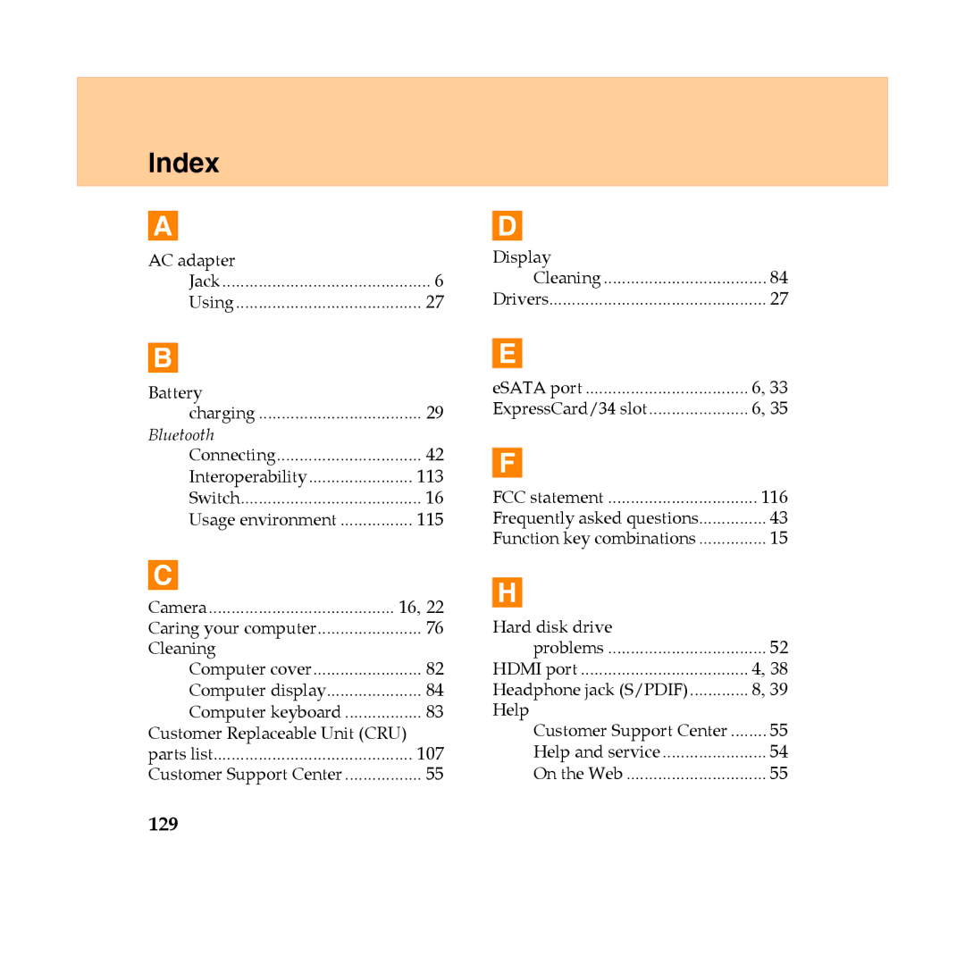 Lenovo Y450 manual Index, 129 