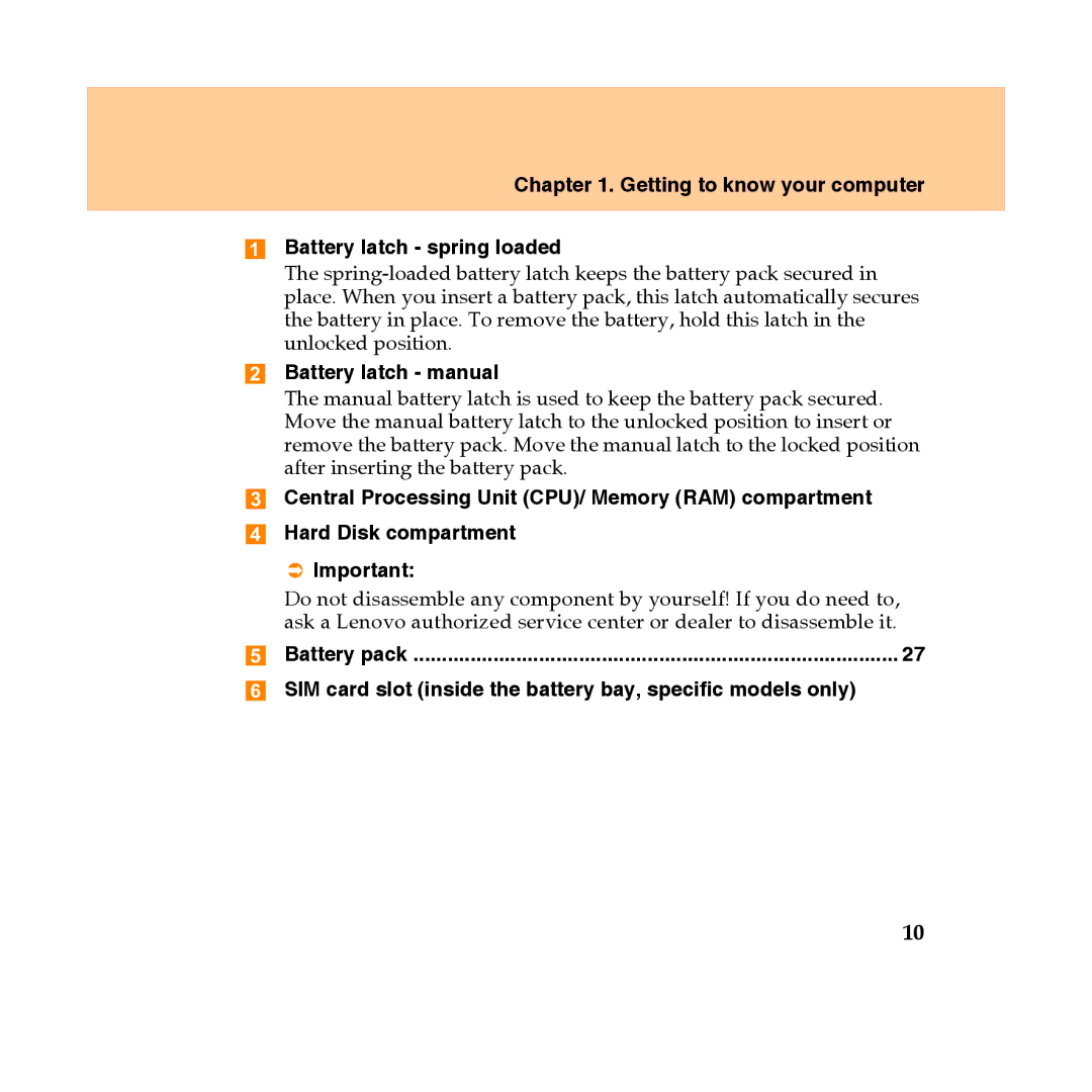 Lenovo Y450 Getting to know your computer Battery latch spring loaded, Battery latch manual 