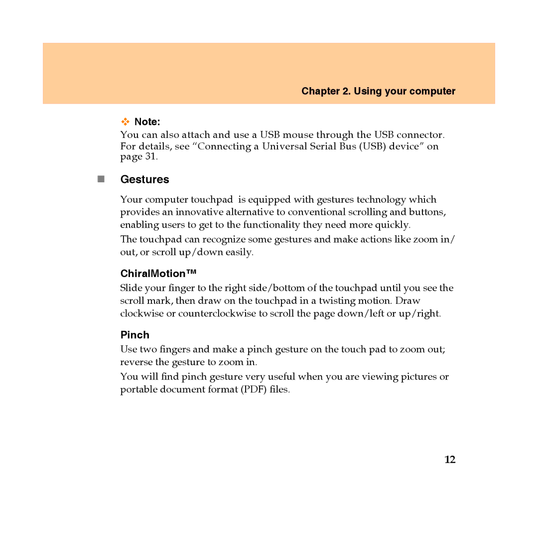 Lenovo Y450 manual „ Gestures, Using your computer, ChiralMotion, Pinch 